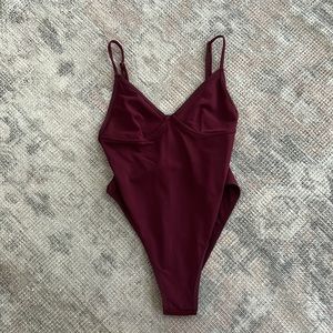 Maroon strappy bodysuit with front detailing